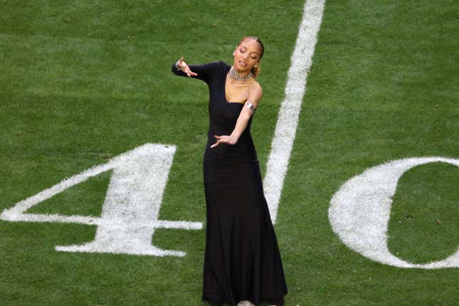 Justina Miles performs “Lift Every Voice and Sing” in American Sign Language prior to Super Bowl LVII between the Kansas City Chiefs and Philadelphia Eagles at State Farm Stadium on February 12, 2023 in Glendale, Arizona. 