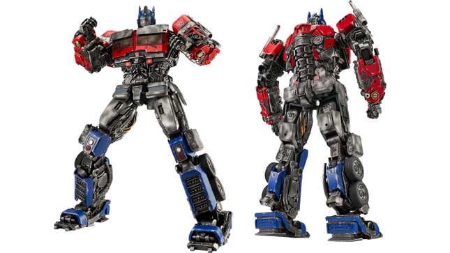 Two front and back images of Robosen's new Transformers: Rise of the Beasts Optimus Prime robot toy.