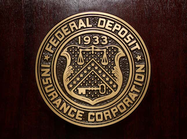 The Federal Deposit Insurance Corp (FDIC) logo is seen at the FDIC headquarters in Washington, February 23, 2011. 