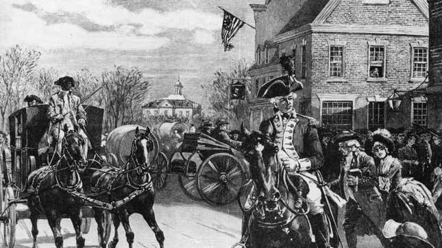 George Washington leaving New York City’s Fraunces Tavern in 1783 after resigning as commander of the continental army.