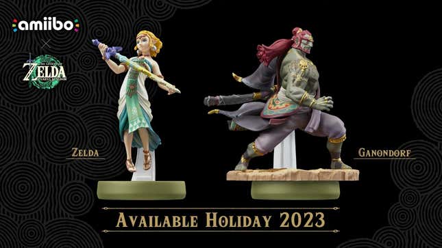 Ein Zelda- und ein Ganondorf-Amiibo sind in der Werbekunst zu sehen.