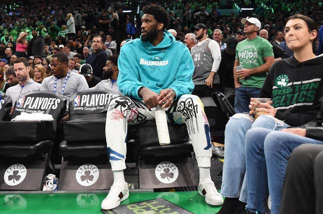 May 1, 2023; Boston, Massachusetts, USA; Injured Philadelphia 76ers center Joel Embiid (21) watches the action in the first half during game one of the 2023 NBA playoffs against the Boston Celtics at TD Garden.