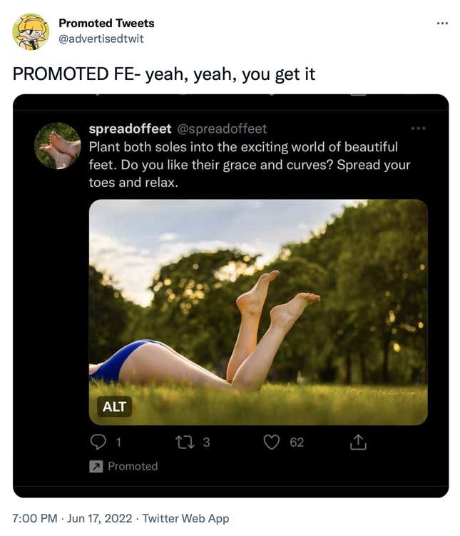 A purported promoted tweet with a photo of a woman with two feet in the air. 