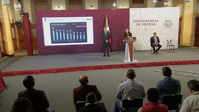 A screenshot of the livestreamed press conference from the Mexican government on Wednesday, April 26, 2023.