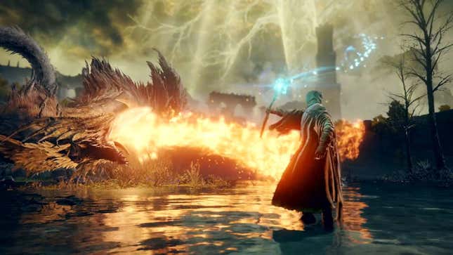 An Elden Ring screenshot showing a wizarding Tarnished defending against a fire-breathing dragon. 