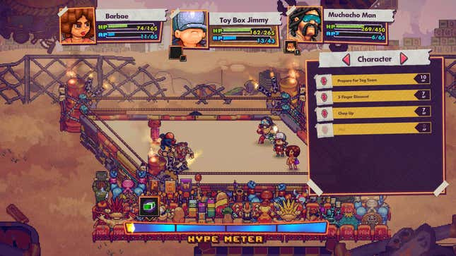 A WrestleQuest screenshot shows Muchacho Man and his stable in a tag team match. 