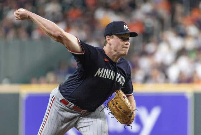 May 31, 2023; Houston, Texas, USA; Minnesota Twins starting pitcher Louie Varland (37) pitches against the Houston Astros in the second inning at Minute Maid Park.