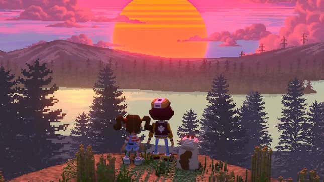 A group of two kids and a cat stares off into the distance while looking at a large neon-colored sunset. 