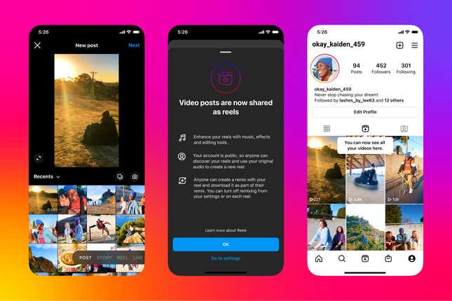 Three screens explaining how Instagram will now share videos as Reels are shown.