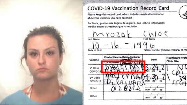Chloe Mrozak, who was arrested for allegedly faking a CDC vaccination card, pictured alongside the card with the word "Moderna" misspelled. 