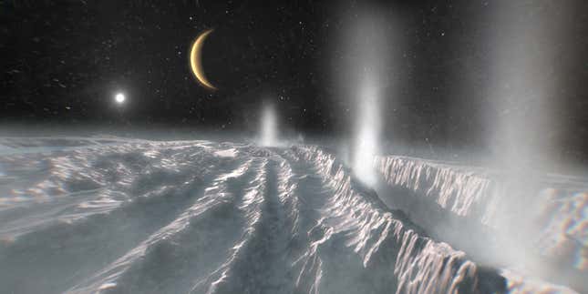 An artist’s imagining of the surface of Saturn’s icy moon Enceladus.