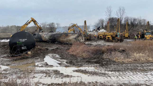 A photo of construction equipment clearing the site of the Ohio derailment.