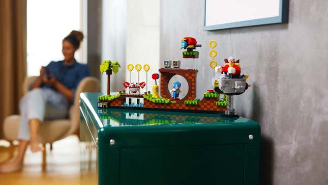 Lego's Sonic the Hedgehog set, fully assembled and staged on a table in someone's house.
