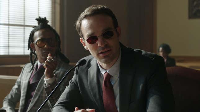 (L-R): Griffin Matthews as Luke Jacobson and Charlie Cox as Daredevil/Matt Murdock in Marvel Studios' She-Hulk: Attorney at Law, exclusively on Disney+. Photo courtesy of Marvel Studios. © 2022 MARVEL.