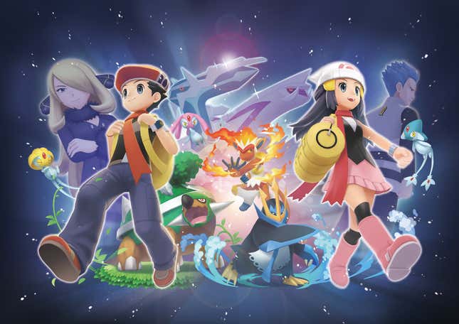 Dawn and Ethan are shown walking forward with Torterra, Infernape, Empoleon, Palkia, Dialga, Uxie, Azelf, Mesprit, Cynthia, and Cyrus all posed behind them.