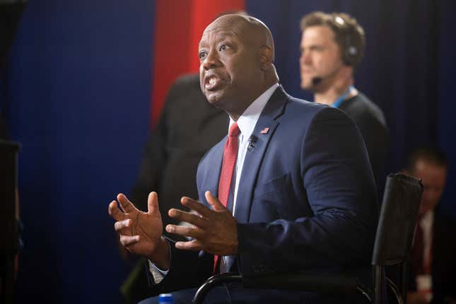 Republican presidential candidate Tim Scott gives an interview after the first Republican presidential debate of the 2024 election cycle at Fiserv Forum in Milwaukee, on August 23, 2023. 