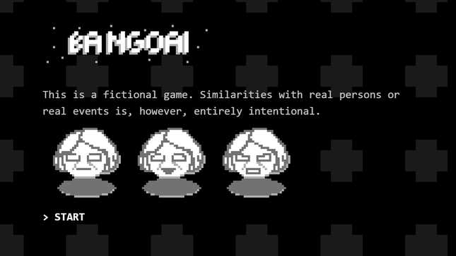 Screenshot of the black-and-white start screen for text-based game Ba Ngoai. The background is black with gray cross shapes, and a white and gray cartoon grandma stares, smiles, and scowls in a row of three images.