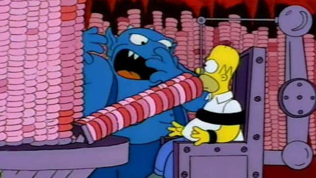 A screenshot from The Simpsons shows Homer eating thousands of donuts. 