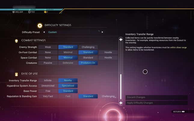 Difficulty settings for No Man's Sky show the combat options.