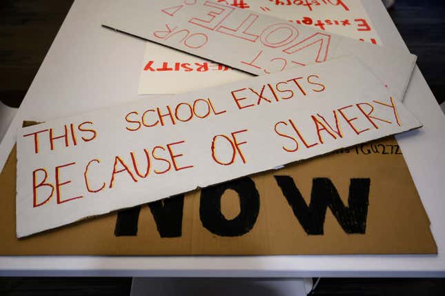 WASHINGTON DC - OCTOBER 3 Students at Georgetown University mades signs and protested for the school to make amends for its history, with reparations funded by student fees to be directed to charities benefiting descendants of enslaved people, outside a Board of Directors meeting held on campus in Washington DC on October 3, 2019. 