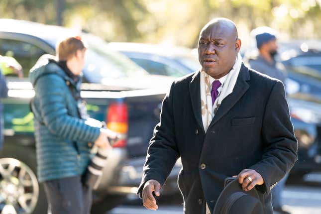 BRUNSWICK, GA - NOVEMBER 24: Attorney Ben Crump walks outside the Glynn County Courthouse as the jury deliberates in the trial of the killers of Ahmaud Arbery on November 24, 2021 in Brunswick, Georgia. Crump, who represented the families of many Black people gunned down by police, has been retained by the family of a New Jersey teenager who was restrained by cops who let a white teen involved in the same fight sit on a mall bench.