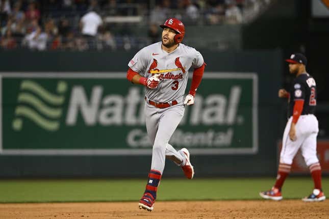 Jun 20, 2023; Washington, District of Columbia, USA; St. Louis Cardinals right fielder Dylan Carlson (3) rounds the bases after hitting a solo home run against the Washington Nationals during the sixth inning at Nationals Park.