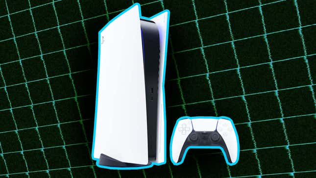 A PlayStation 5 is shown in front of a grid background.