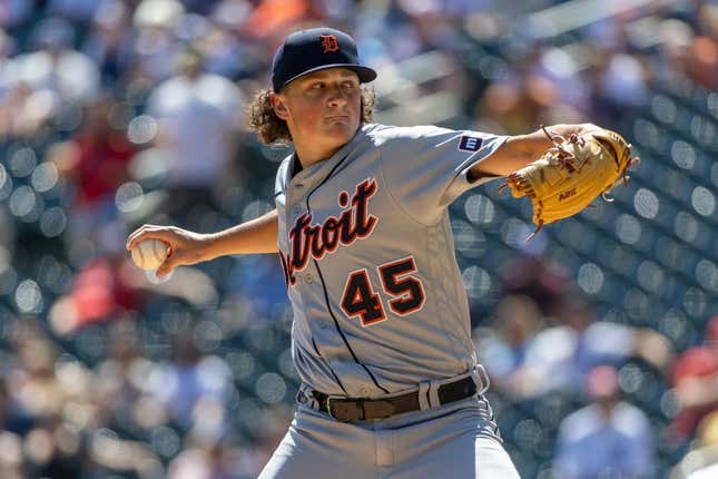 Aug 16, 2023; Minneapolis, Minnesota, USA; Detroit Tigers starting pitcher Reese Olson (45) delivers a pitch against the Minnesota Twins in the first inning at Target Field.