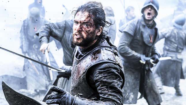 Game of Thrones character Jon Snow battles with blood on his face. 