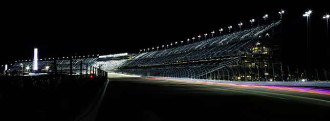 Under the lights at Daytona International Speedway.