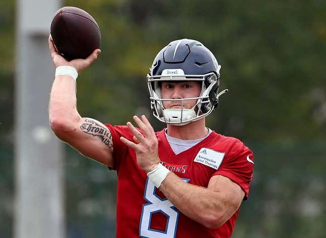Tennessee Titans quarterback Will Levis (8) passes during an NFL football minicamp Wednesday, June 7, 2023, in Nashville, Tenn.