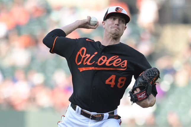 May 8, 2023; Baltimore, Maryland, USA; Baltimore Orioles starting pitcher Kyle Gibson (48) throws a first inning pitch Tampa Bay Rays  at Oriole Park at Camden Yards.