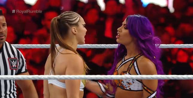 Ronda Rousey and Sasha Banks face off at the Royal Rumble in January, 2019.