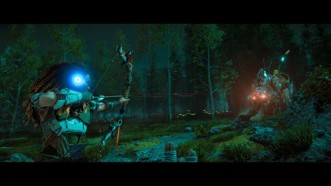 Aloy aims her bow at a robotic monstrosity.