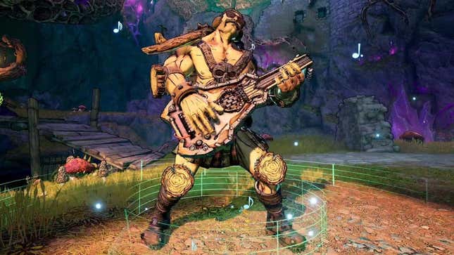 A muscled man plays a lute.