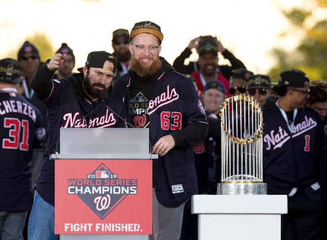 Adam Eaton (l.) and pitcher Sean Doolittle celebrate the Washington Nationals’ World Series title