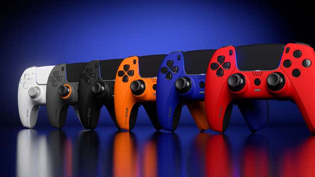 A photo showing off white, gray, black, orange, blue, and red models of the Scuf Reflex PS5 controller. 