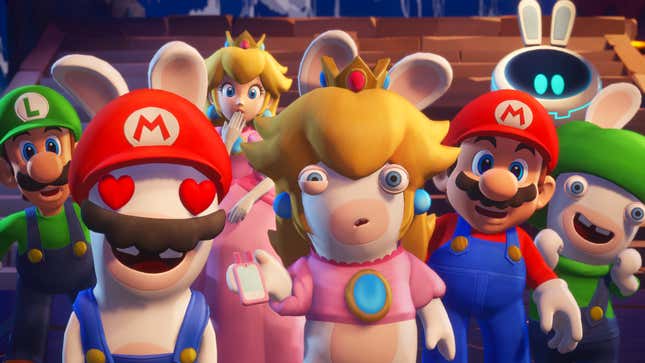 Characters from Mario + Rabbids: Spark of Hope pose for the camera. 