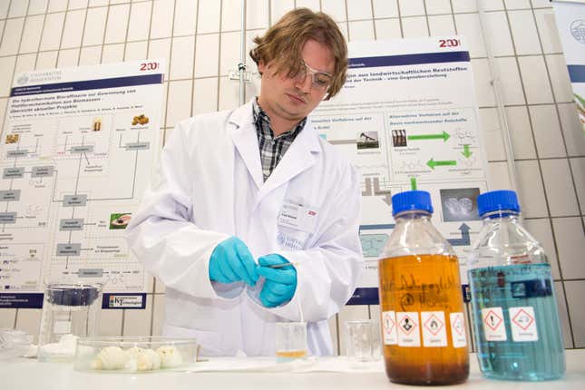 A scientist at the University of Hohenheim in Germany, which has a biorefinery that makes bioplastics from plants.