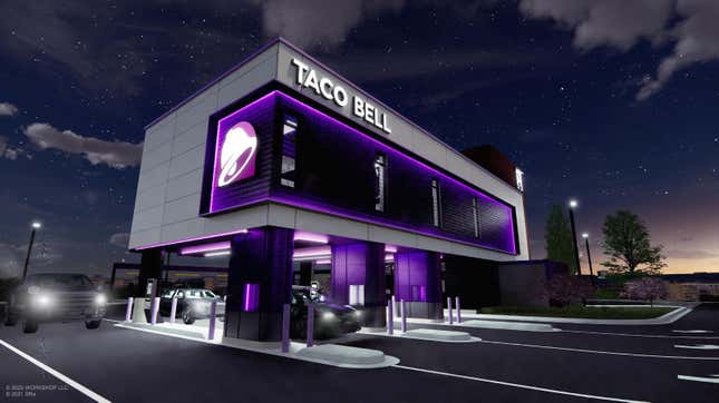 Concept art for the Taco Bell Defy restaurant, featuring four drive-thru lanes and a futuristic purple building