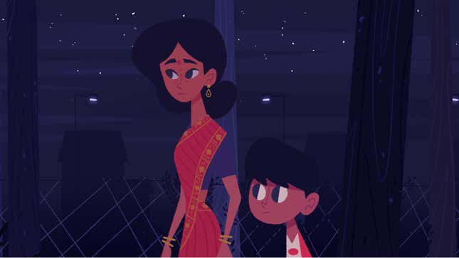 A Venba screenshot shows Venba and Kalvin walking in a park at night. 