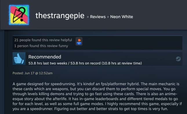 Image for article titled Neon White’s Steam Reviews Are Horny As Hell