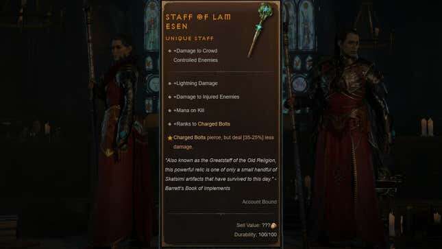 A composite image shows stats for the Staff of Lam Esen.