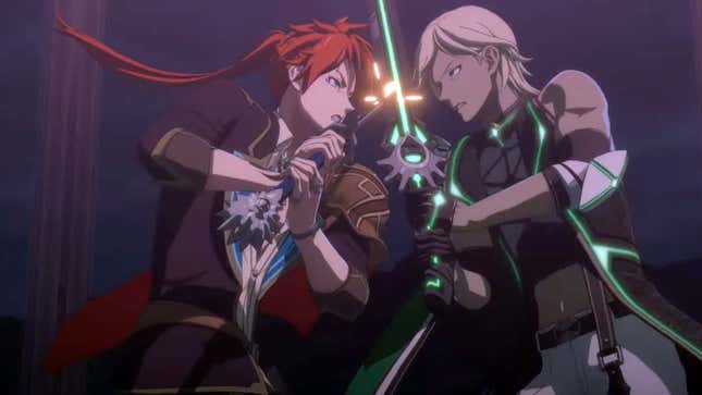 A screenshot of Leo Fourcade (left) and Hugo Simon (right) locking swords in Tales of Luminaria the Fateful Crossroad, an in-development anime.