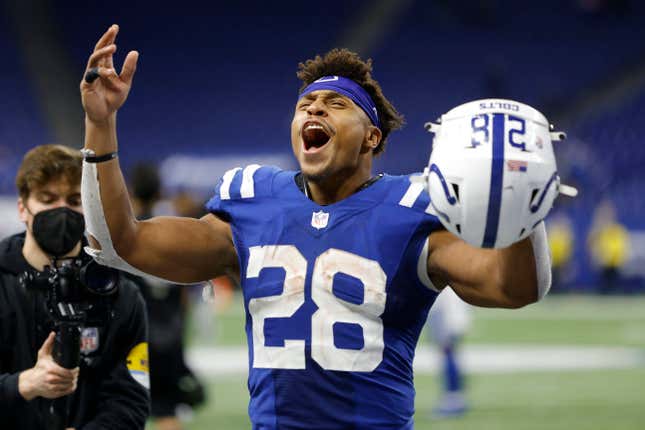 Jonathan Taylor #28 of the Indianapolis Colts reacts during the second half at Lucas Oil Stadium against the New York Jets on November 04, 2021 in Indianapolis, Indiana. 