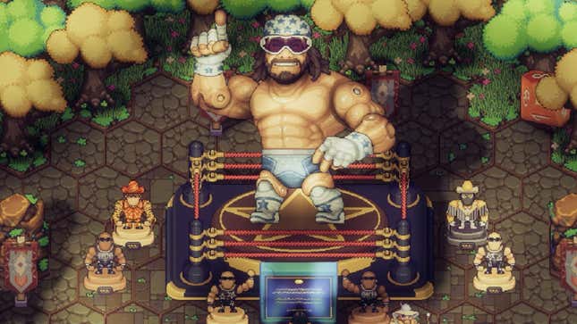 A WrestleQuest screenshot shows a statue of Randy Savage.