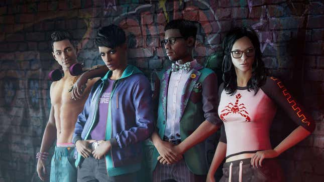 Four people stand against a wall in Saints Row, one of the delayed video games in 2022.
