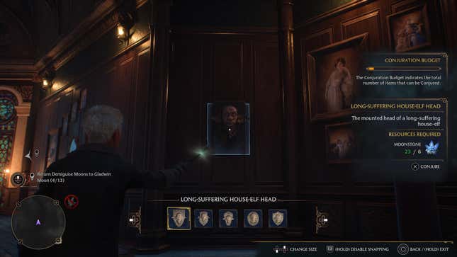 A player character places a decorative item called a long-suffering house elf head on the wall.