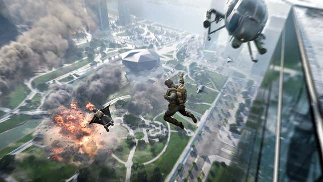 An image from Battlefield 2042 depicting some soldiers jumping out of a helicopter onto an explosion-riddled warzone.