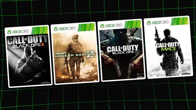 An image shows four classic Call of Duty game covers in front of a green and black background. 
